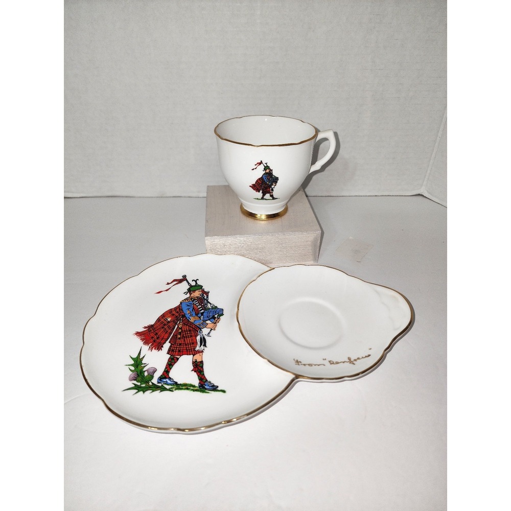 Unmarked Bone China Teacup and Hostess Plate Set Bruce Clan Tartan Collectible